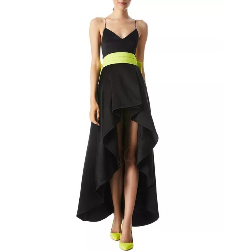 ALICE + OLIVIA Joss Gown Black with Citron Bow Hi-Lo Hemline Size 4 NWT - Picture 2 of 10